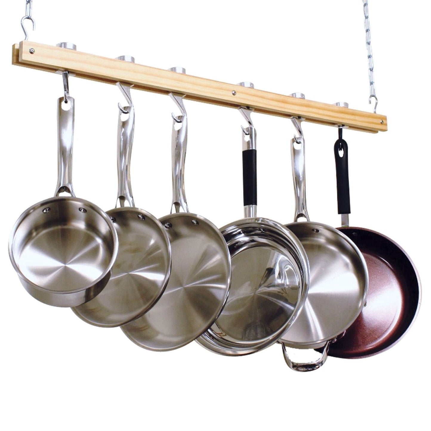 Ceiling Mount Single Bar Wooden Pot Rack with 4 Pan Hooks-0