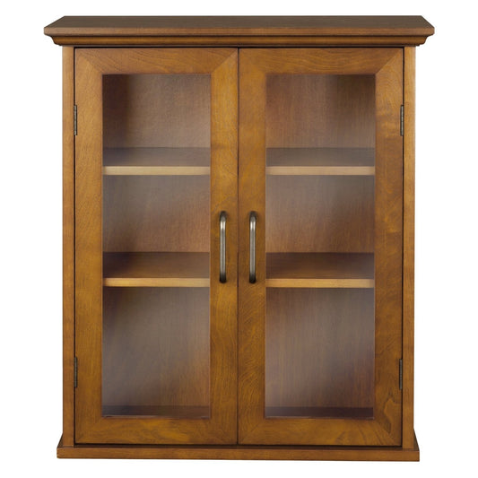 Oak Finish Bathroom Wall Cabinet with Glass  2-Doors & Shelves-0