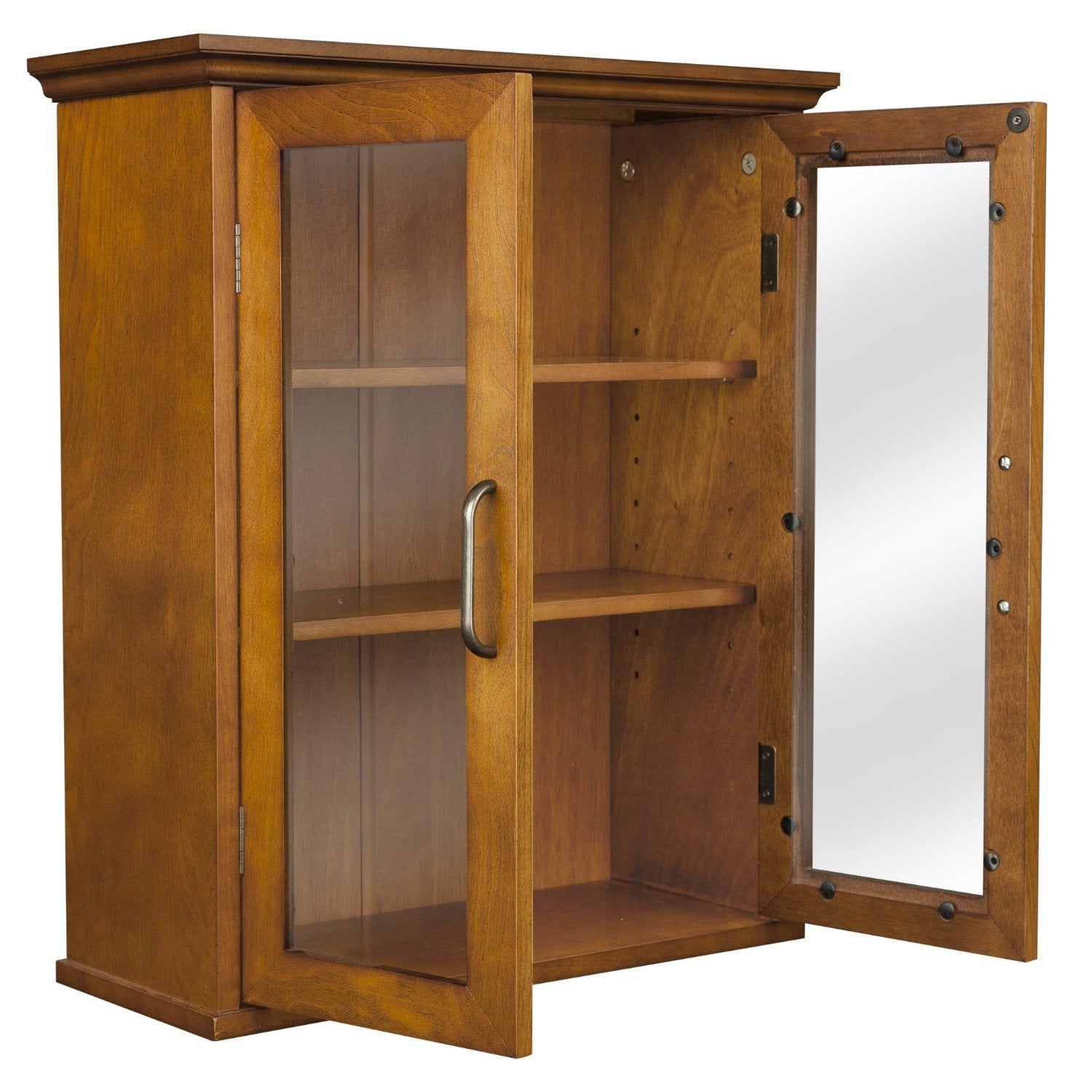 Oak Finish Bathroom Wall Cabinet with Glass  2-Doors & Shelves-1