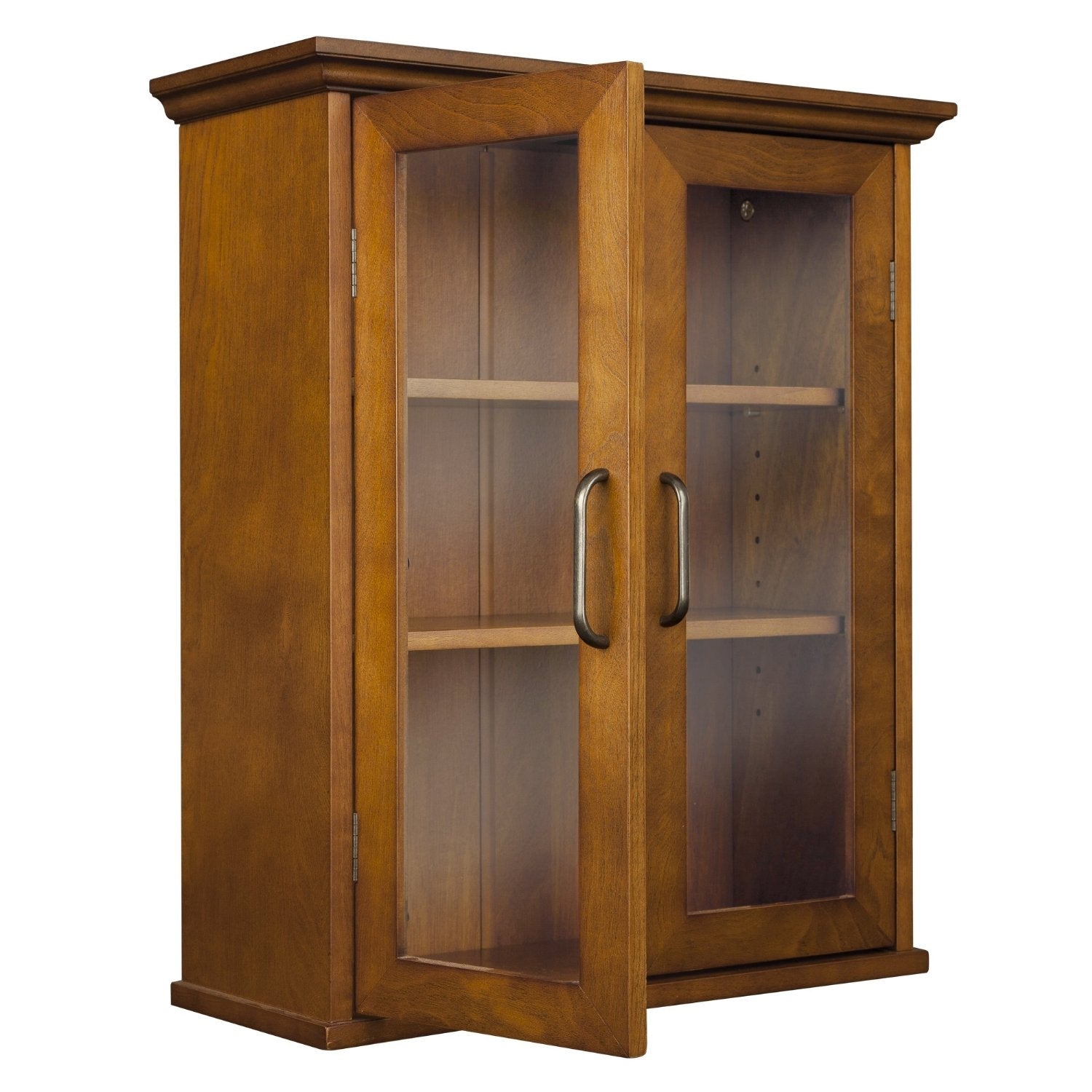 Oak Finish Bathroom Wall Cabinet with Glass  2-Doors & Shelves-2