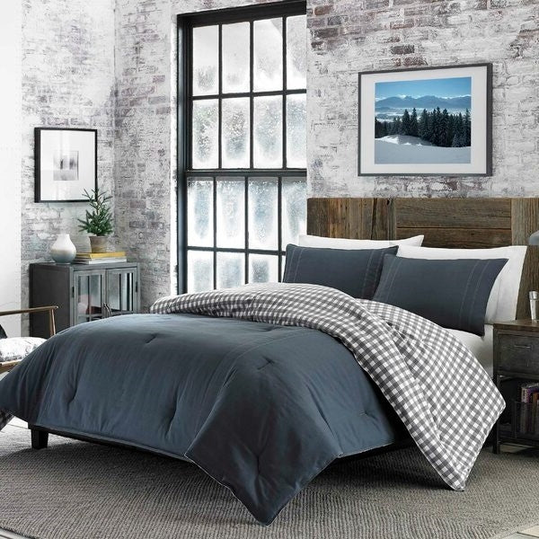 King size 100% Cotton Reverse Plaid Gray/White Comforter Set-0