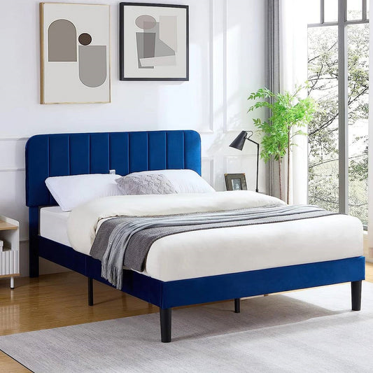 Full size Blue Upholstered Platform Bed Frame with Headboard-0