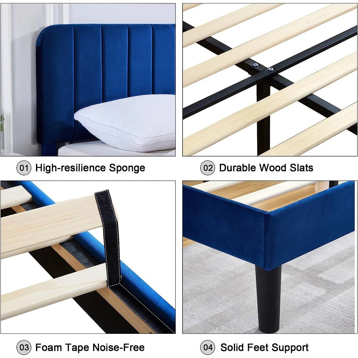 Full size Blue Upholstered Platform Bed Frame with Headboard-2