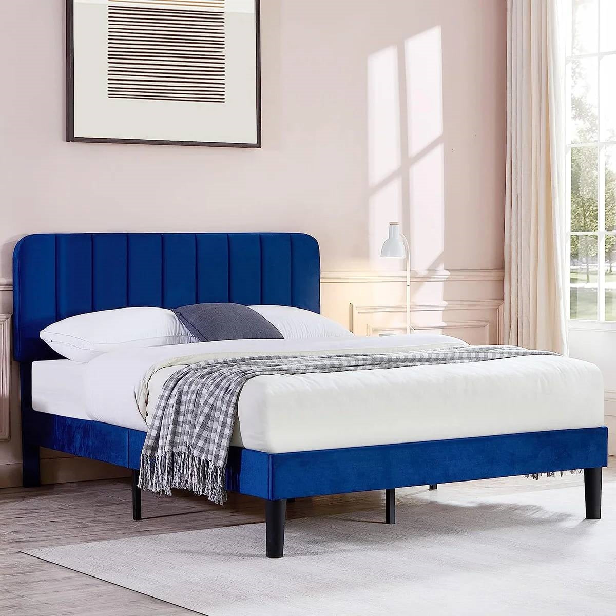 Full size Blue Upholstered Platform Bed Frame with Headboard-3