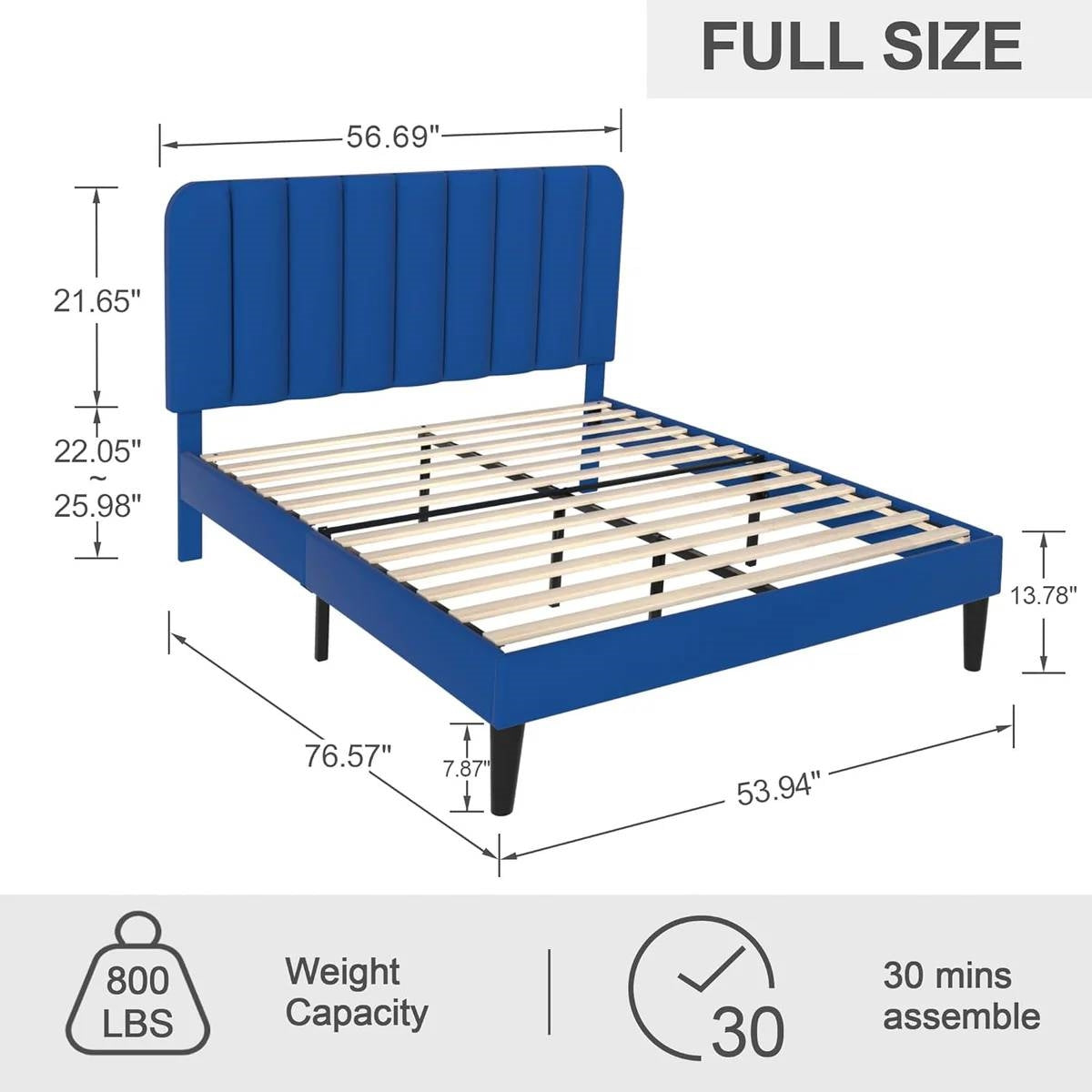 Full size Blue Upholstered Platform Bed Frame with Headboard-4