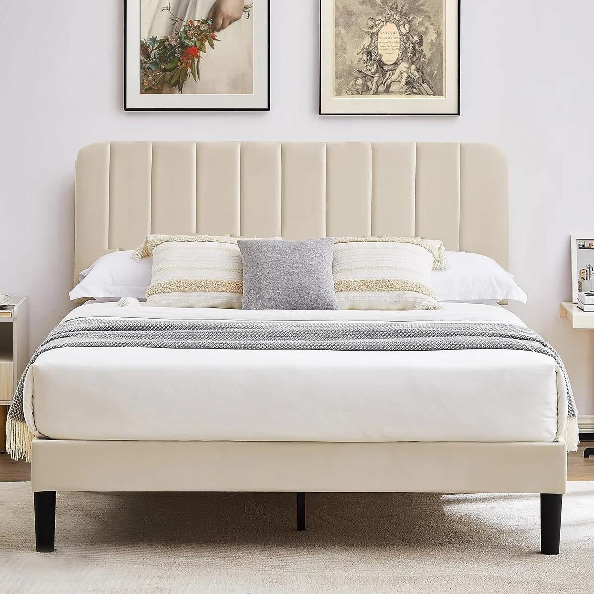 Full size Beige Upholstered Platform Bed Frame with Headboard-0