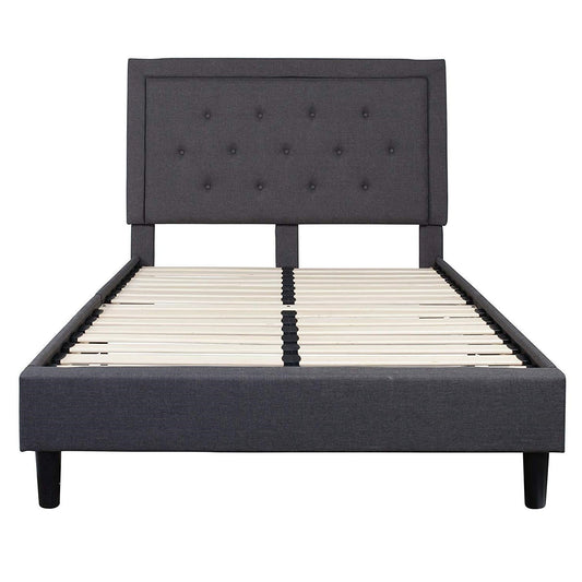 Full size Dark Grey Fabric Upholstered Platform Bed Frame with Tufted Headboard-1