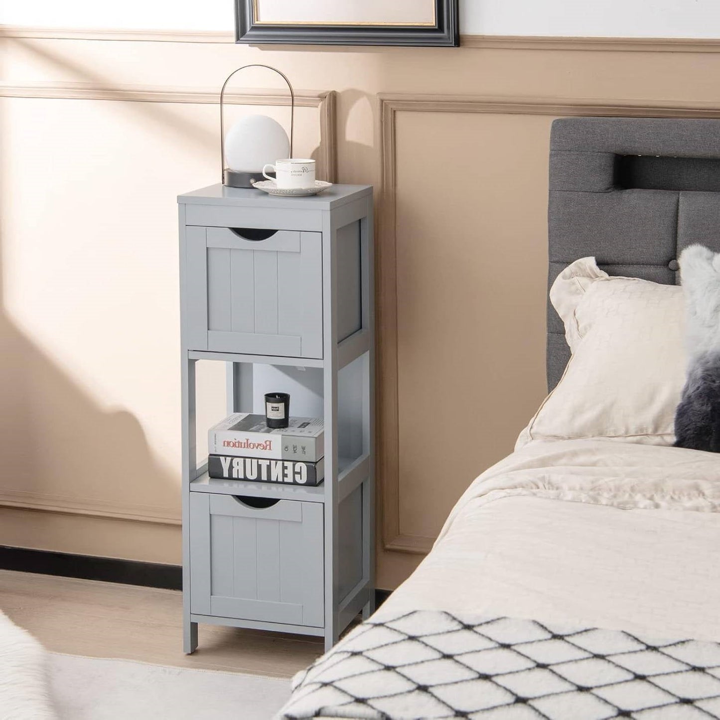 Modern Farmhouse 2-Drawer Bathroom Floor Cabinet with Shelf in Grey Wood Finish-2