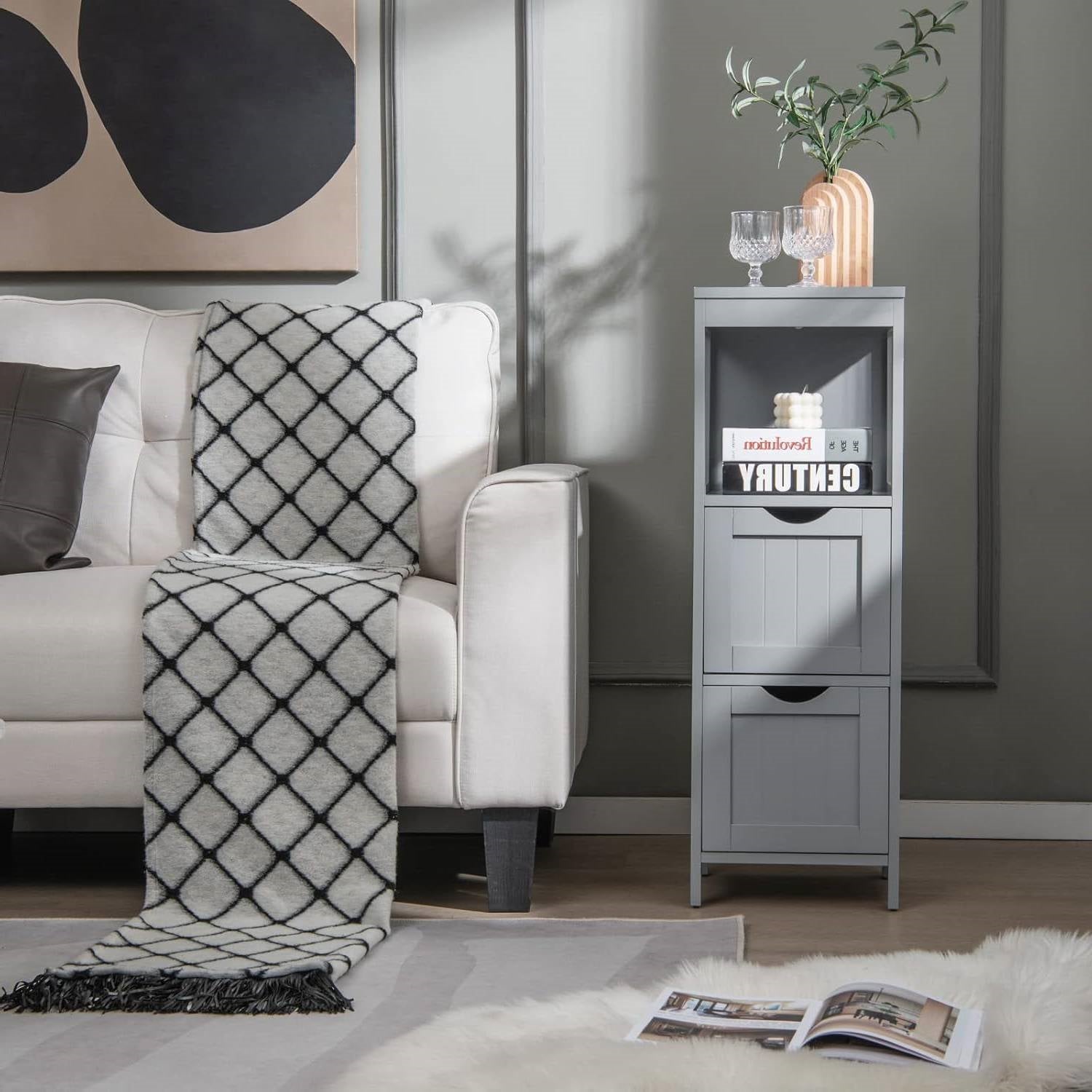 Modern Farmhouse 2-Drawer Bathroom Floor Cabinet with Shelf in Grey Wood Finish-3