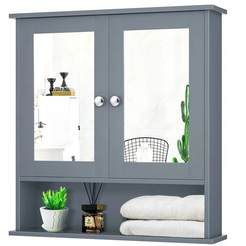 Grey Wood Bathroom Wall / Medicine Cabinet with Mirrored Doors and Shelf-1