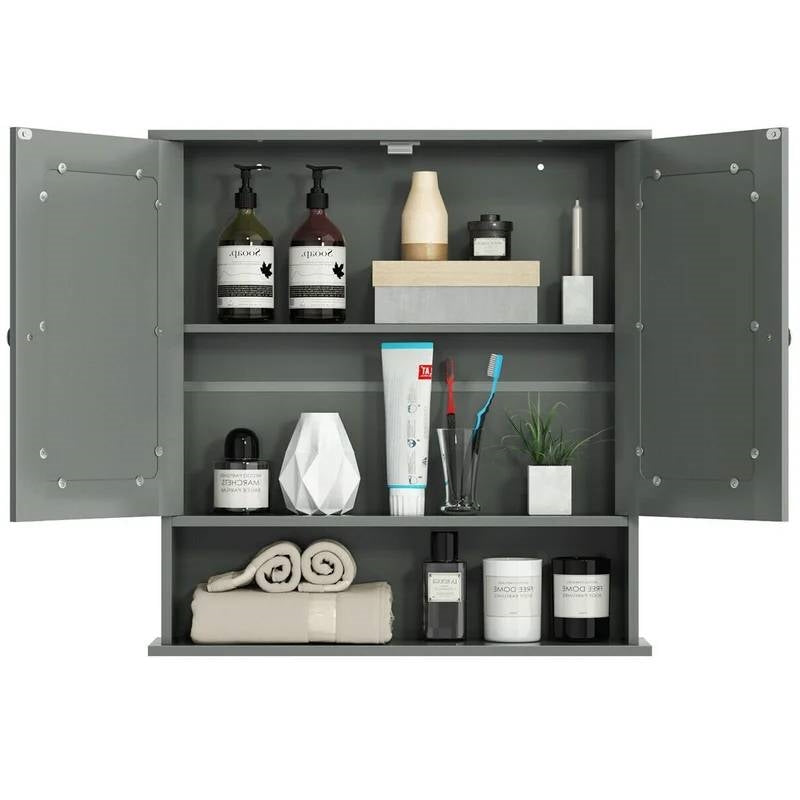 Grey Wood Bathroom Wall / Medicine Cabinet with Mirrored Doors and Shelf-2