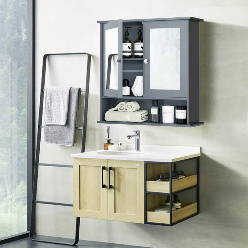 Grey Wood Bathroom Wall / Medicine Cabinet with Mirrored Doors and Shelf-3