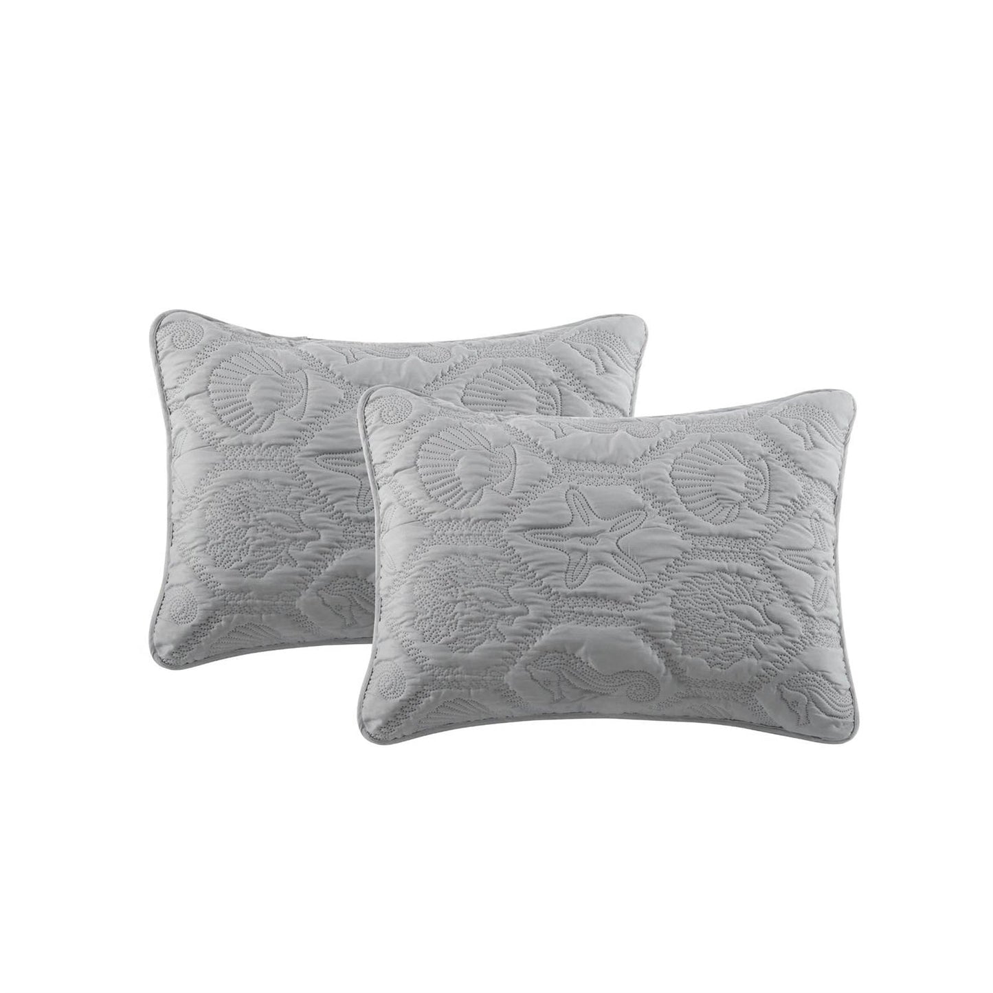 King Coastal Beach Embossed Starfish Seashell Seahorse Grey 3-Piece Quilt Set-3