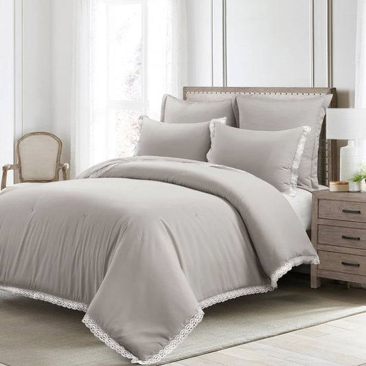 King French Country Grey 5-Piece Lightweight Comforter Set with Lace Trim-0
