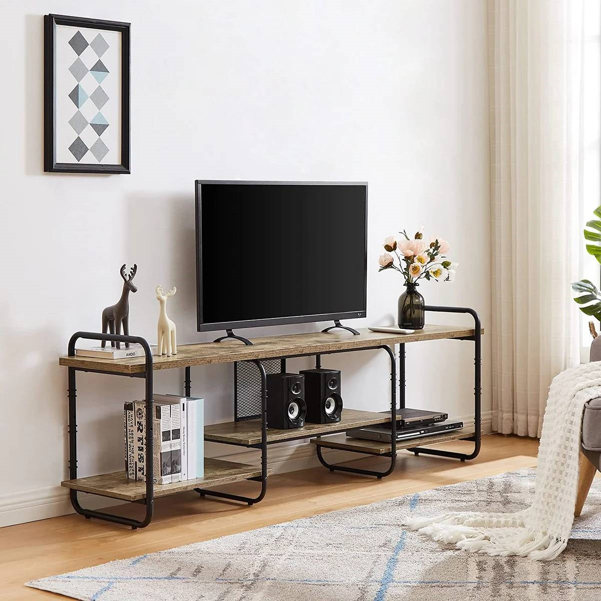 Modern Grey Wood Black Metal Entertainment Center TV Stand for TV up to 75-inch-1