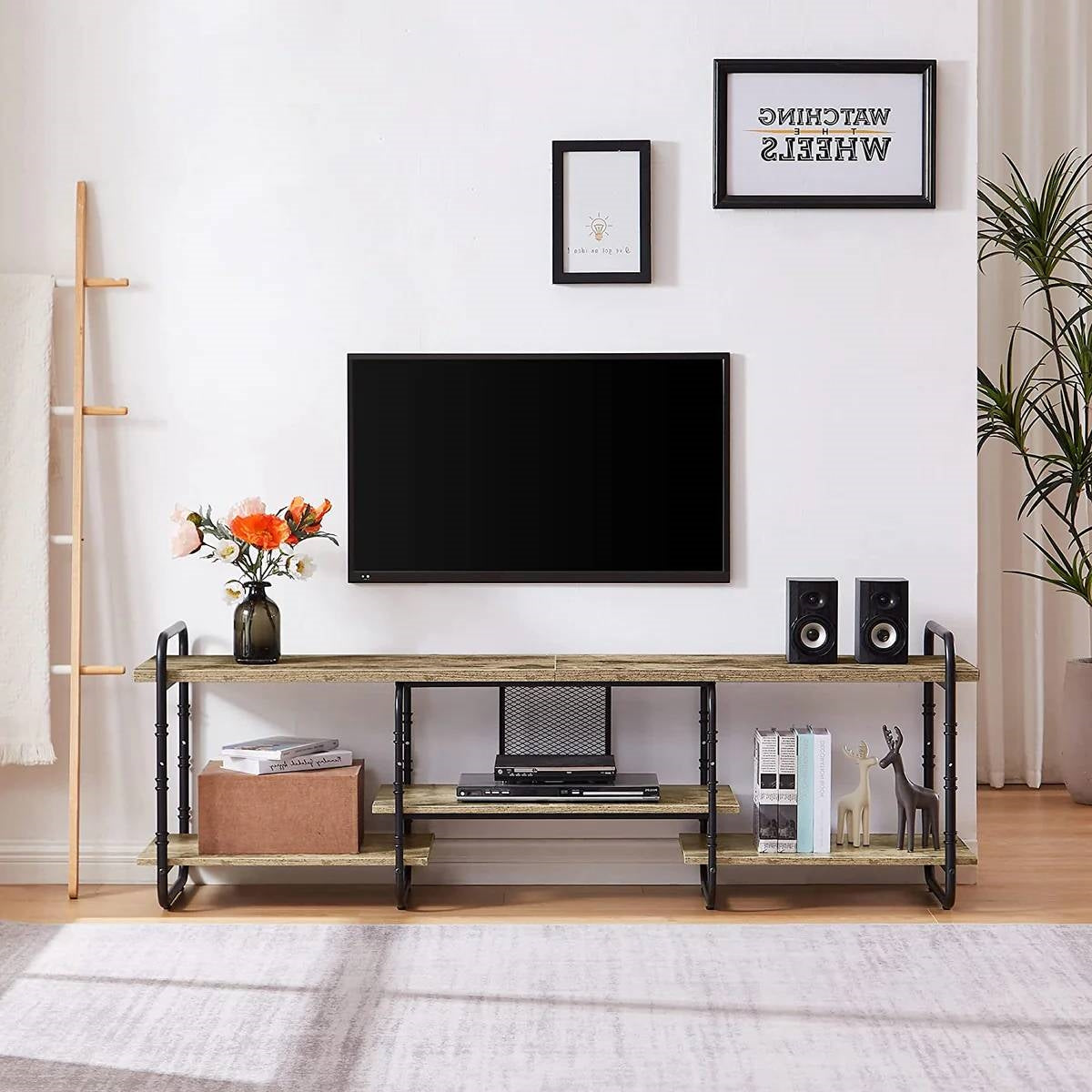Modern Grey Wood Black Metal Entertainment Center TV Stand for TV up to 75-inch-3