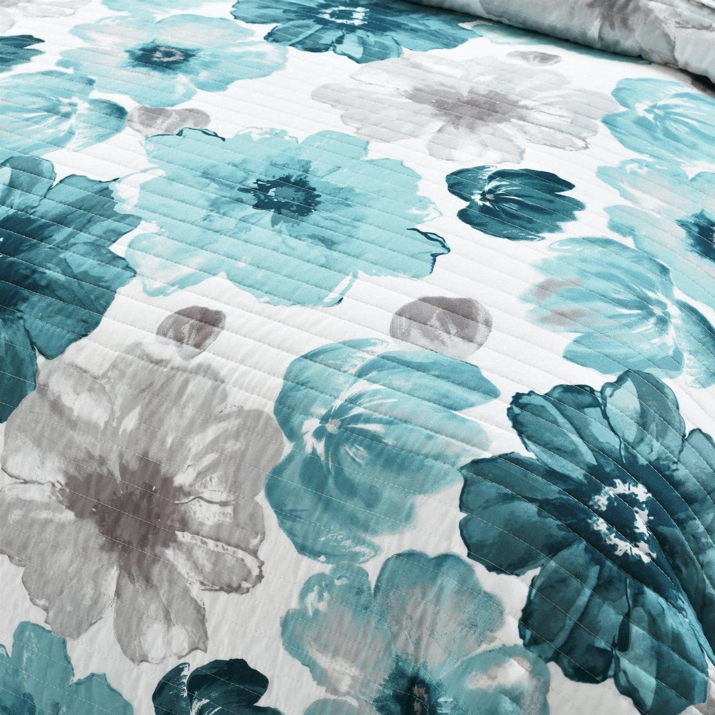 King size Blue Grey Flowers Lightweight Polyester Microfiber Quilt Set-3