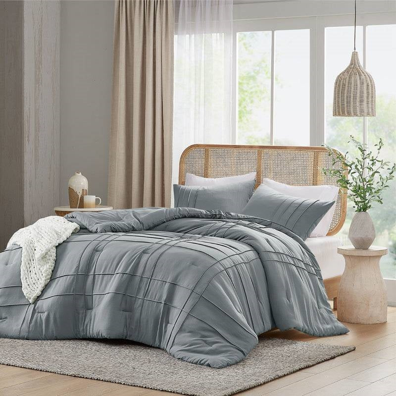 Full/Queen size Pleated Pre-Washed Microfiber Comforter Set in Blue Grey-0