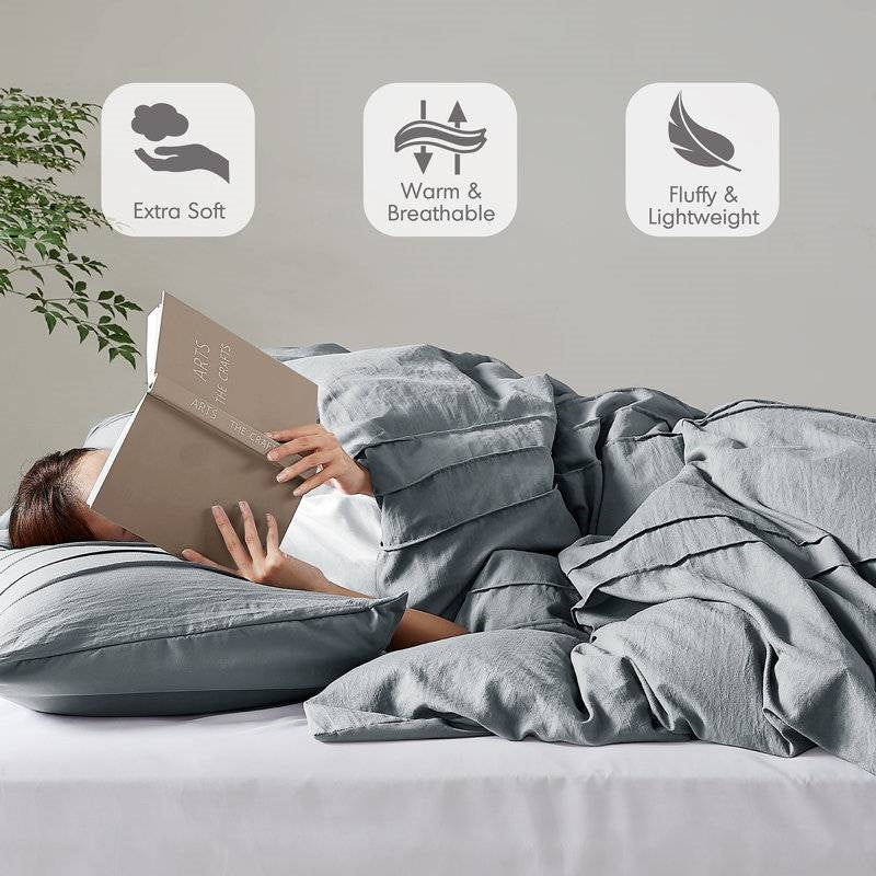 Full/Queen size Pleated Pre-Washed Microfiber Comforter Set in Blue Grey-3