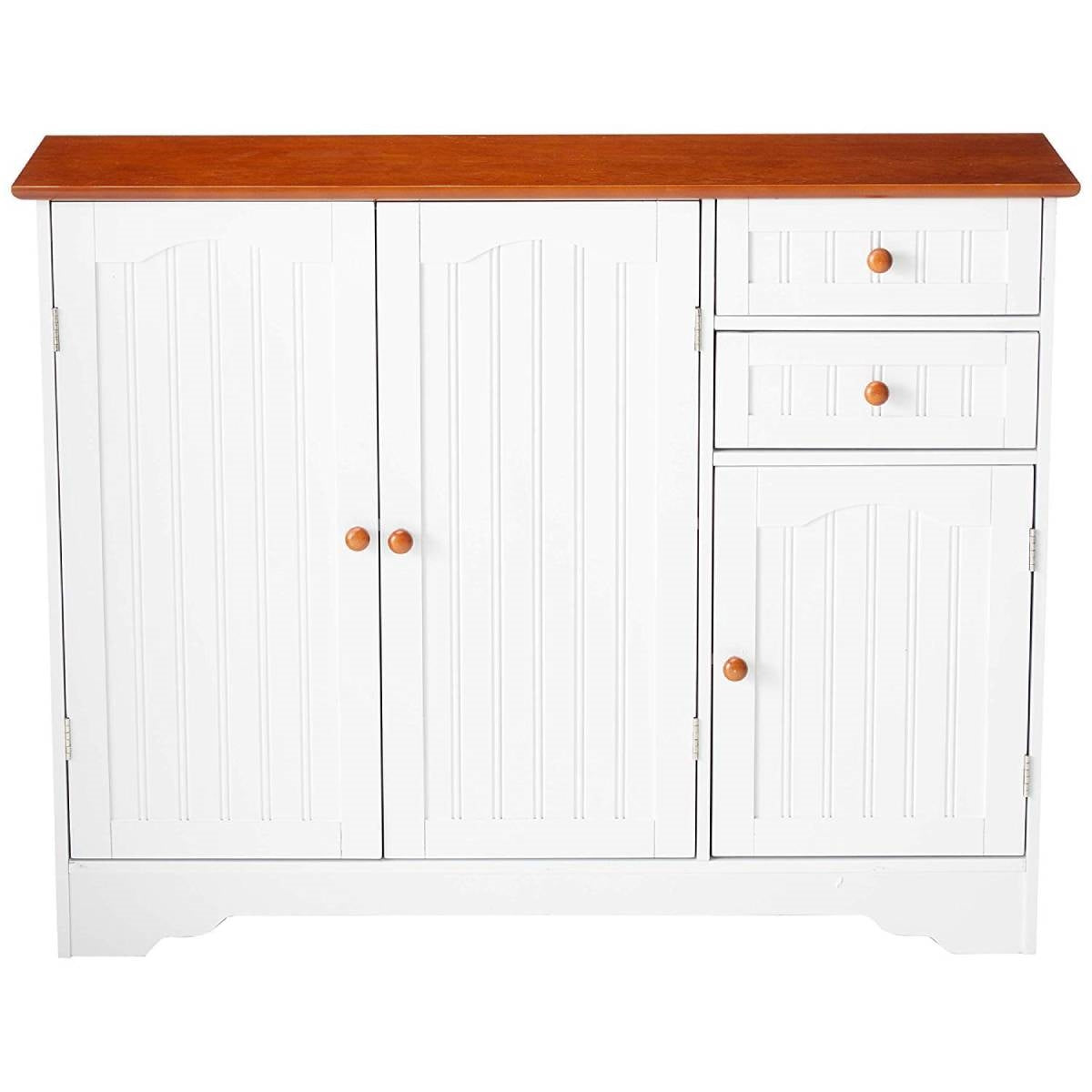 White Wood Sideboard Buffet Cabinet with Walnut Finish Top and Knobs-0