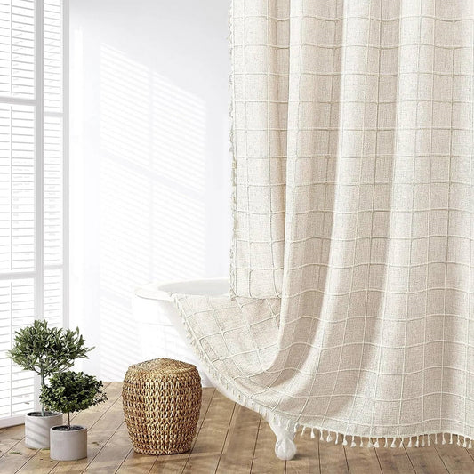 72-inch Farmhouse Beige Cotton Linen Blend Shower Curtain with Boho Tassels-0