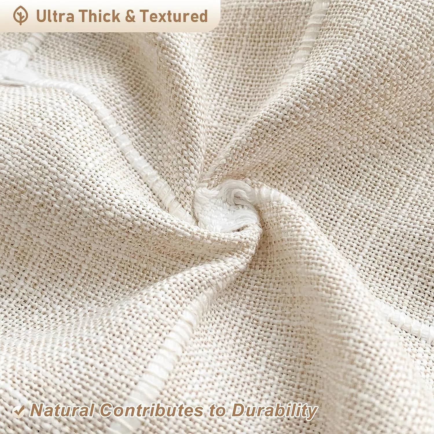 72-inch Farmhouse Beige Cotton Linen Blend Shower Curtain with Boho Tassels-3