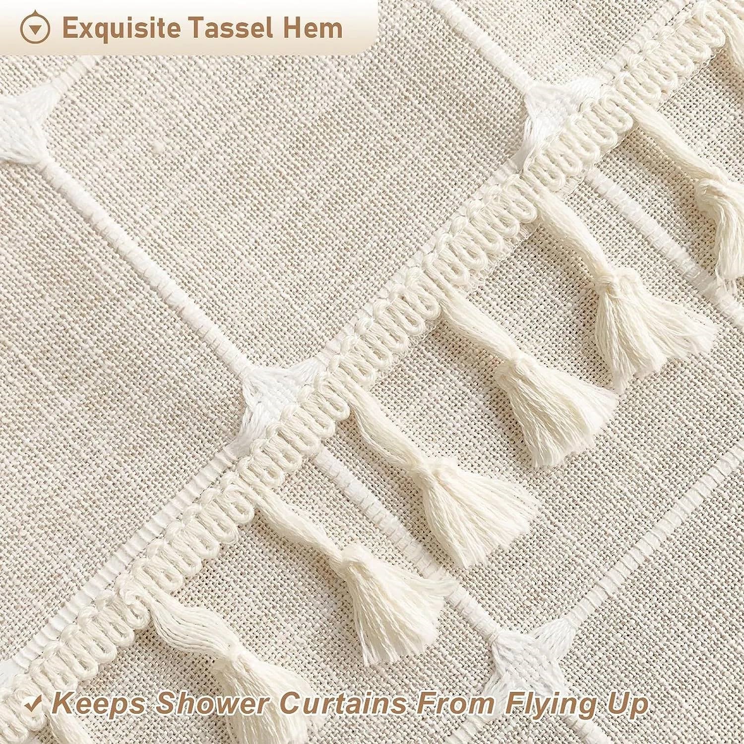 72-inch Farmhouse Beige Cotton Linen Blend Shower Curtain with Boho Tassels-4