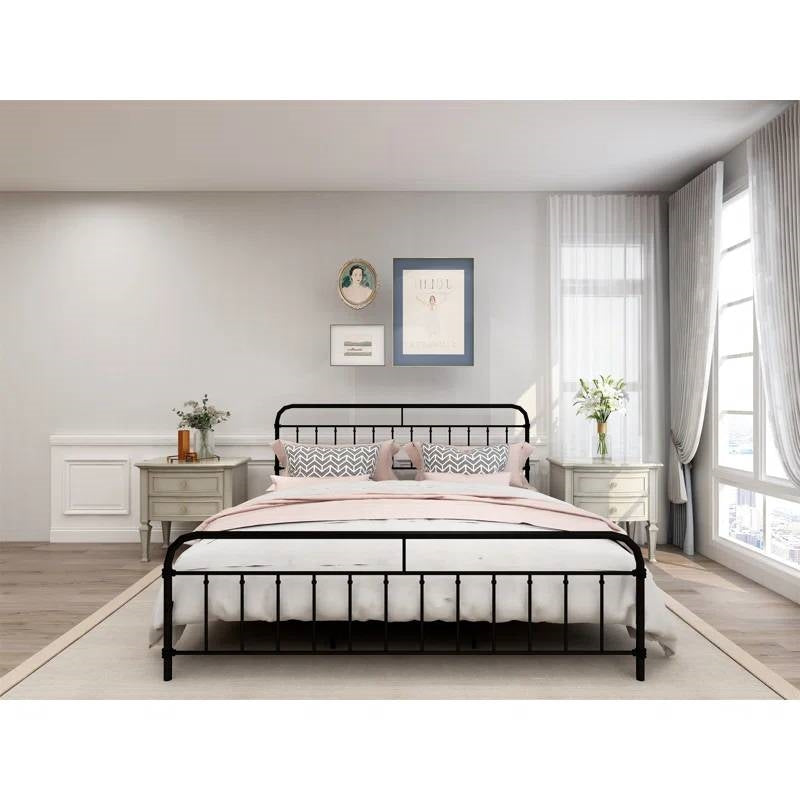 King size Black Metal Platform Bed Frame with Rounded Headboard Footboard-2