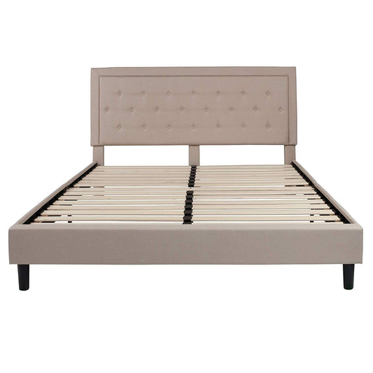 King Beige Upholstered Platform Bed Frame with Button Tufted Headboard-0