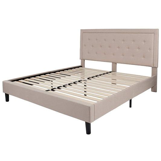 King Beige Upholstered Platform Bed Frame with Button Tufted Headboard-1