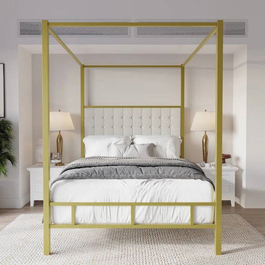 King size Gold Metal Canopy Bed with Upholstered Button-Tufted Headboard-1