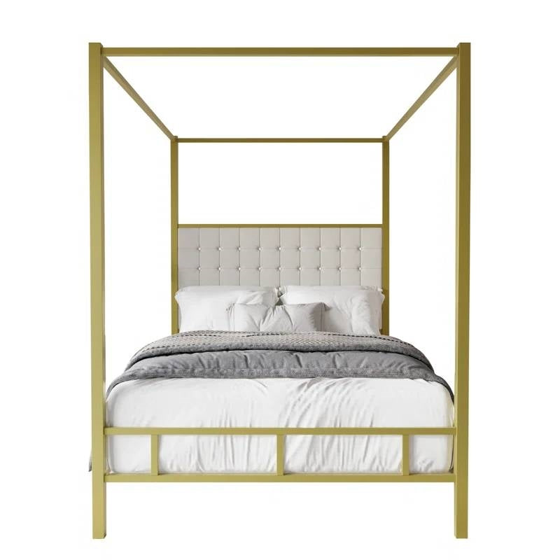 King size Gold Metal Canopy Bed with Upholstered Button-Tufted Headboard-2