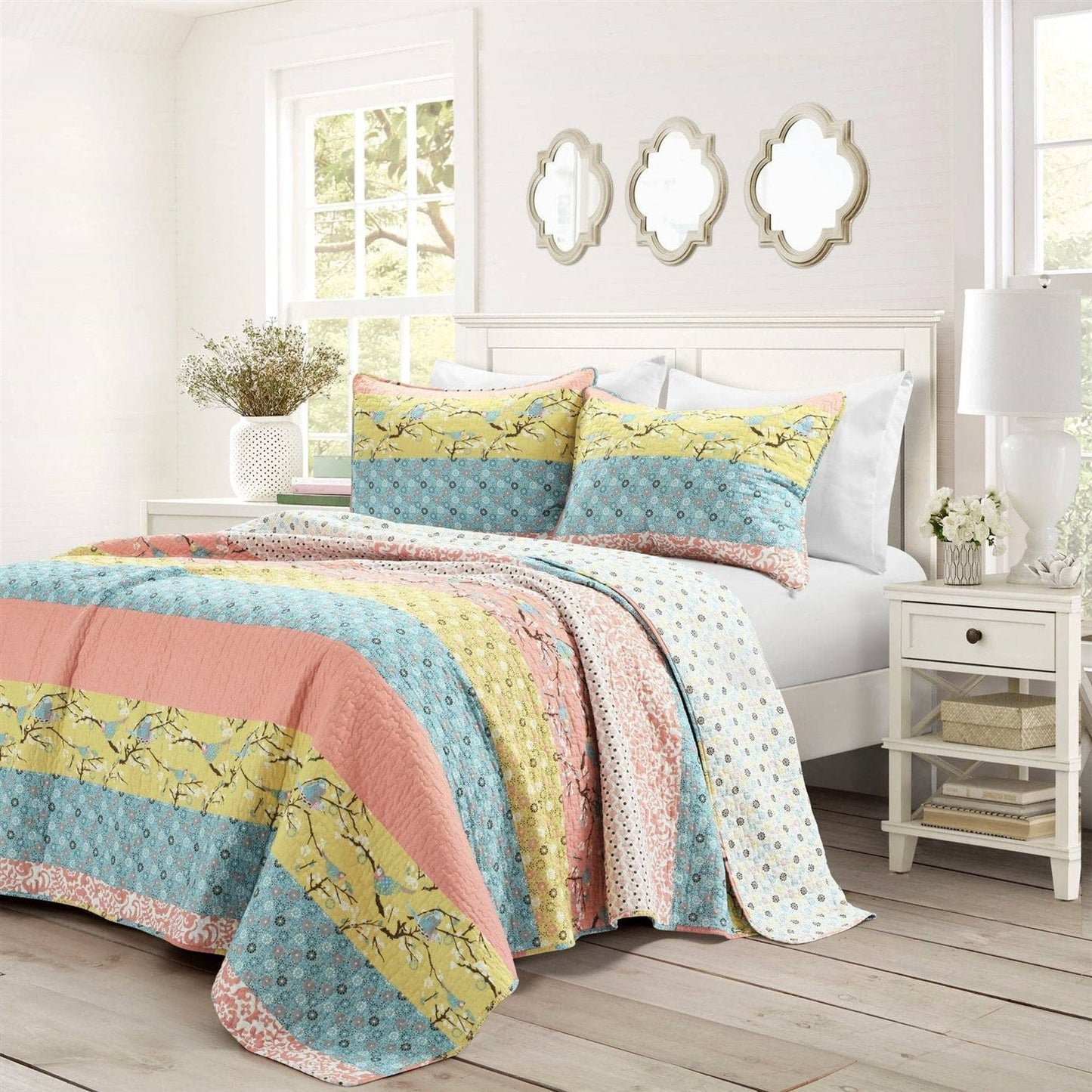 King size Blue Yellow Pink Ivory Boho Floral Reversible Lightweight Quilt Set-0