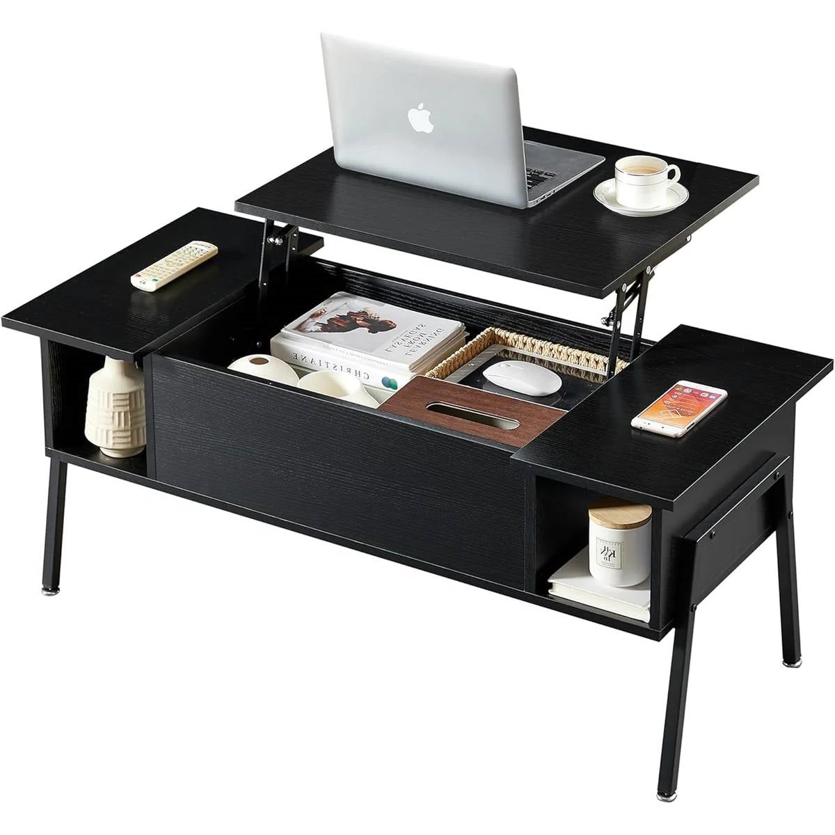 Modern Lift-Top Coffee Table Laptop Desk with Storage Shelf in Black Wood Finish-0