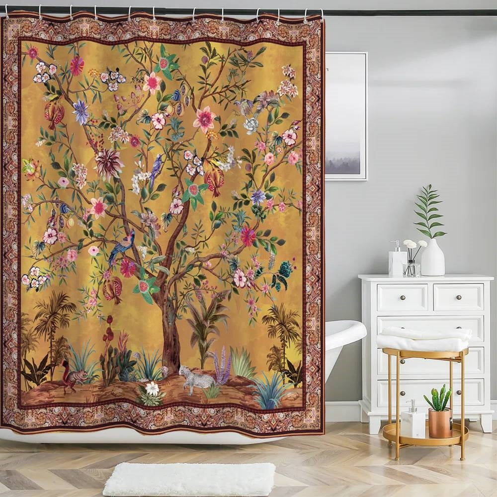 72-inch Brown Red Orange Green Floral Tree Birds Plants Flowers Shower Curtain-1