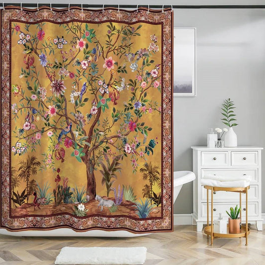 72-inch Brown Red Orange Green Floral Tree Birds Plants Flowers Shower Curtain-1