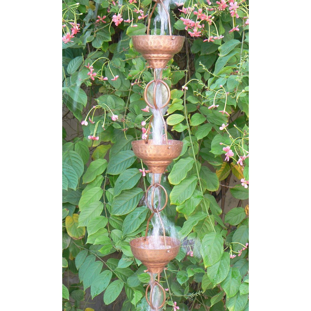 Pure Copper 8.5-Ft Rain Chain with 13 Hammered Funnel Shape Cups-2