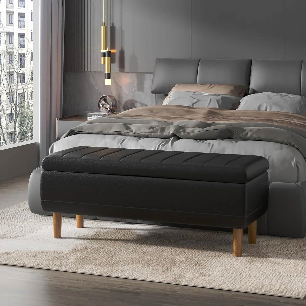 Modern Mid-Century Black Faux Leather End of Bed Storage Bench Ottoman-2