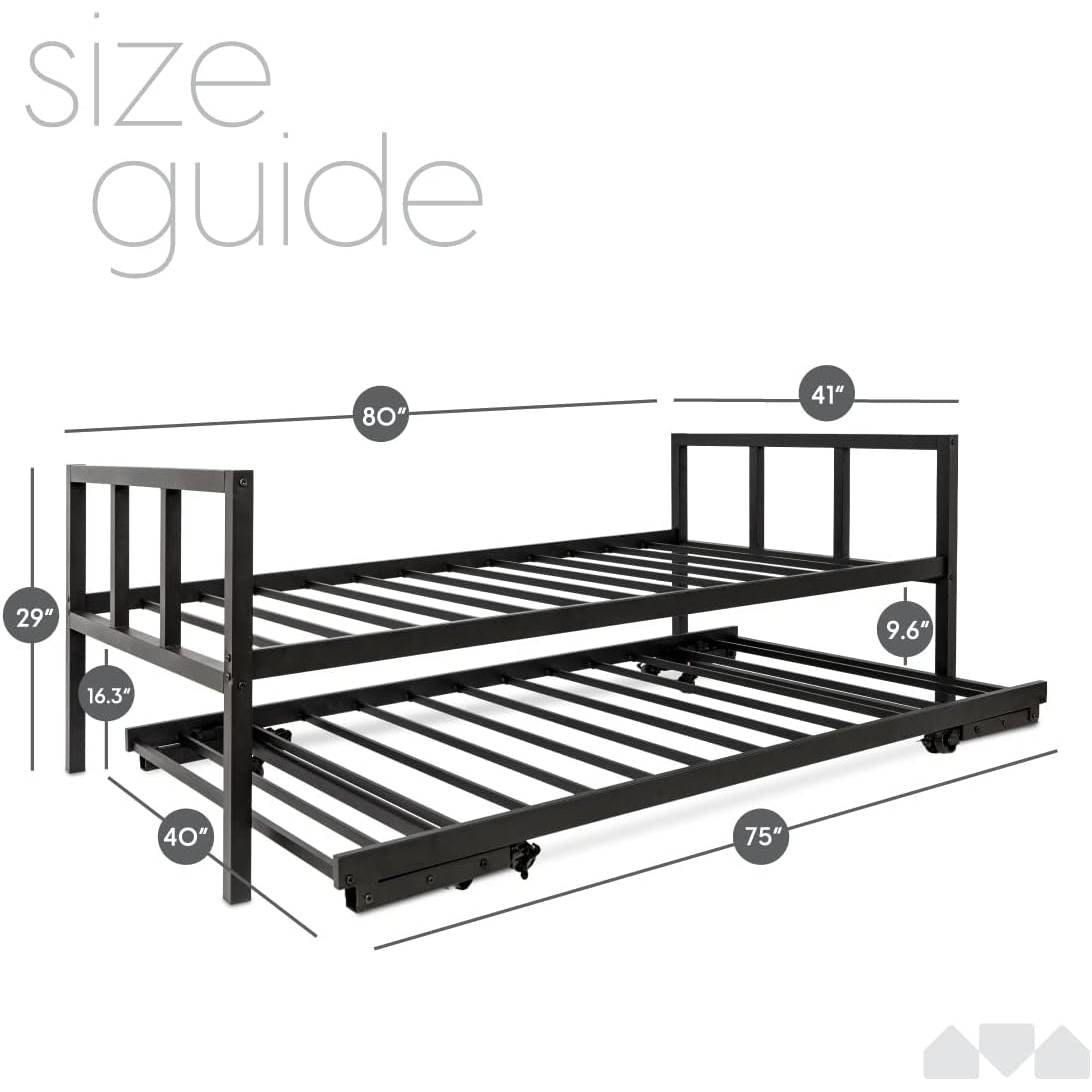 Twin Heavy Duty Black Metal Daybed Frame with Roll-Out Pop-Up Trundle Bed Frame-2