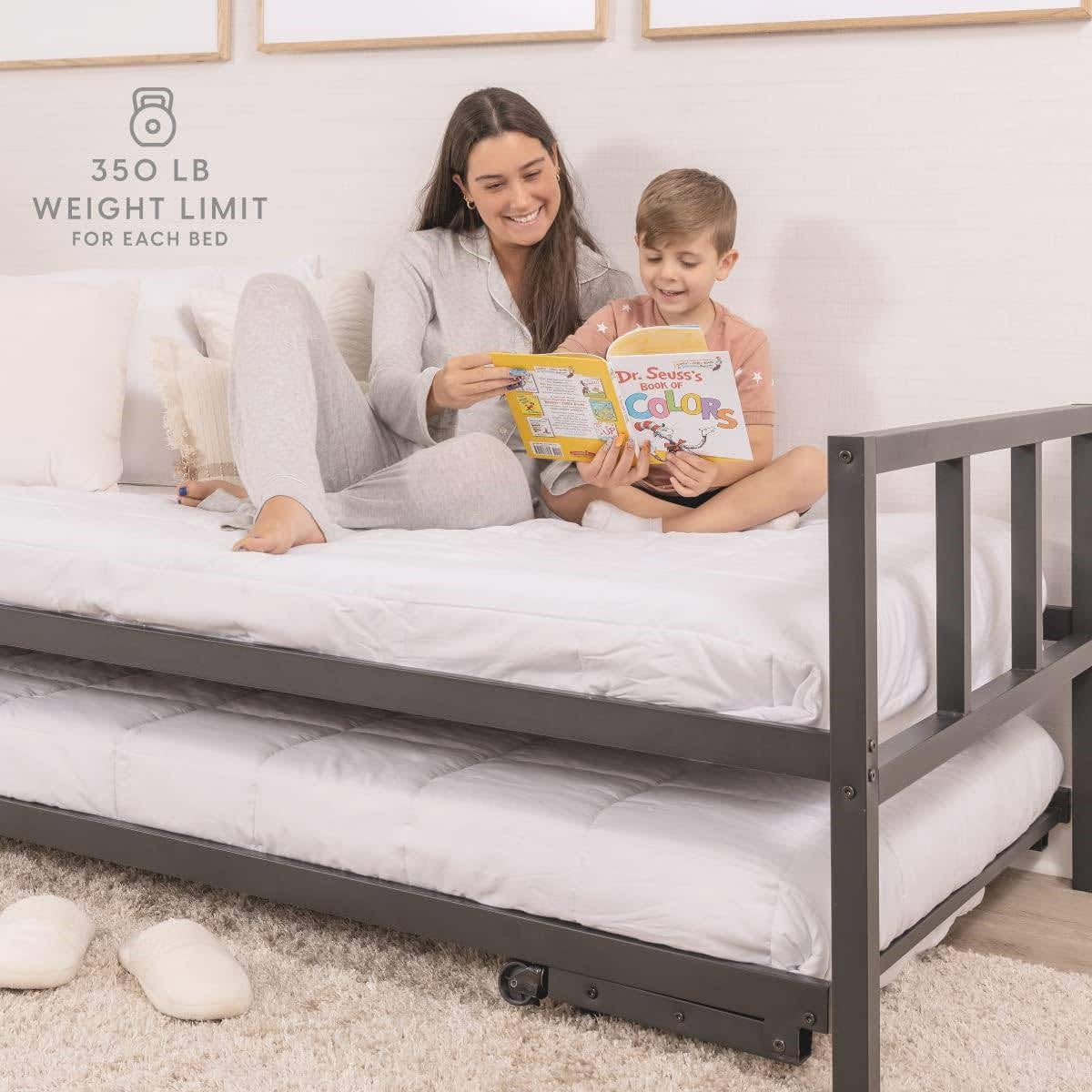 Twin Heavy Duty Black Metal Daybed Frame with Roll-Out Pop-Up Trundle Bed Frame-3