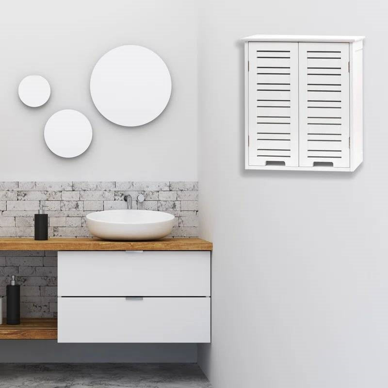 Wall-Mount Bathroom Storage Cabinet with Louver Doors in White Wood Finish-1