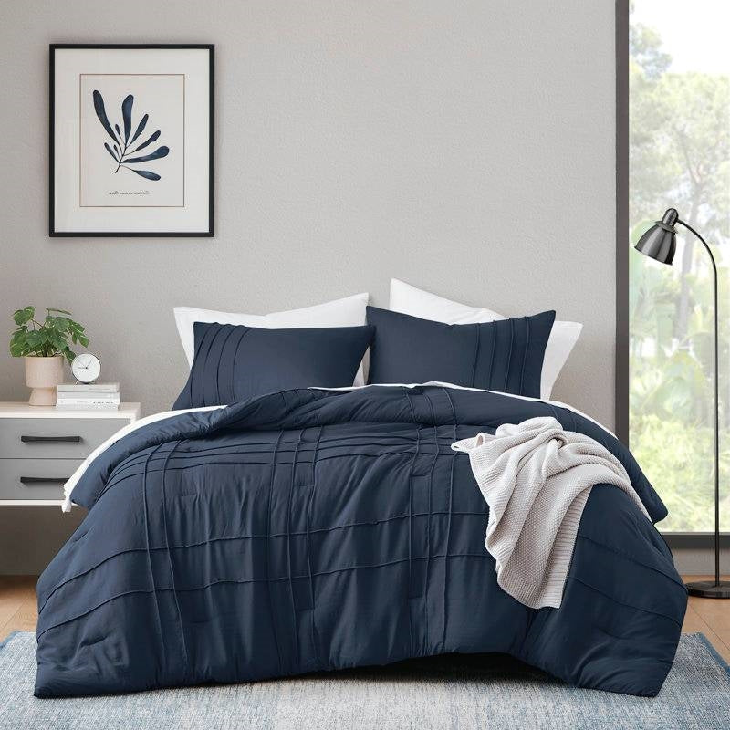Twin/Twin XL Microfiber Pleated Bohemian style Pre-Washed Comforter Set in Navy-0