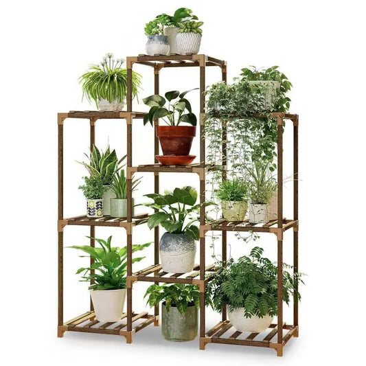 Natural Wood Bookcase Plant Stand Shelving Rack - Holds up to 9 Planters-0