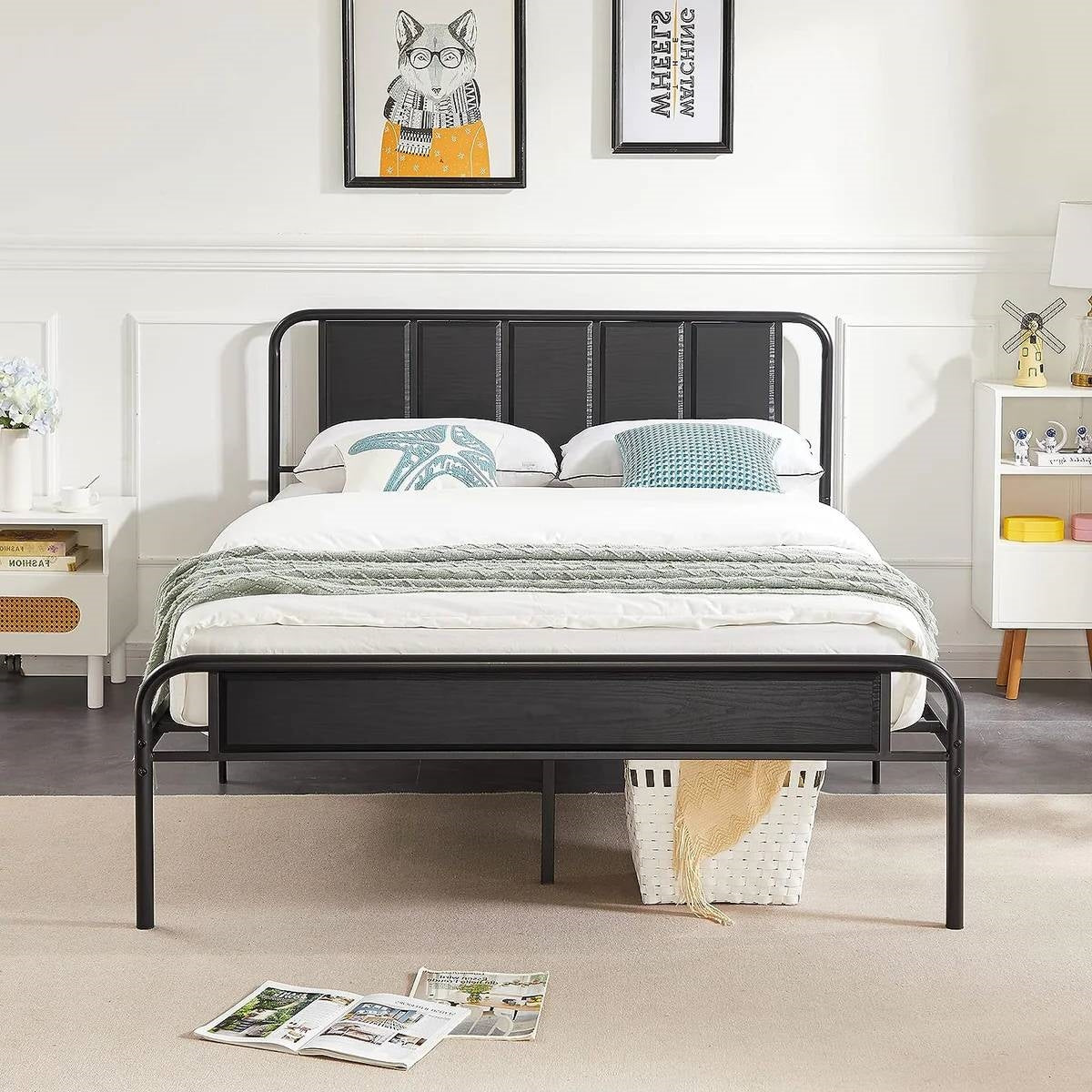 Queen size Black Wood Metal Platform Bed Frame with Rounded Headboard Footboard-0