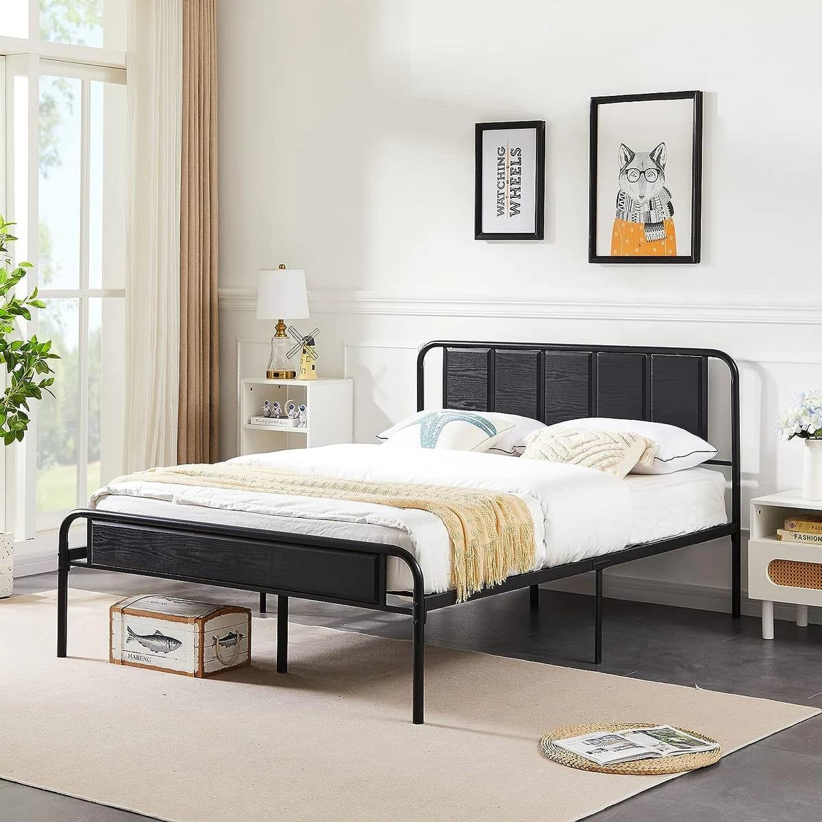 Queen size Black Wood Metal Platform Bed Frame with Rounded Headboard Footboard-2