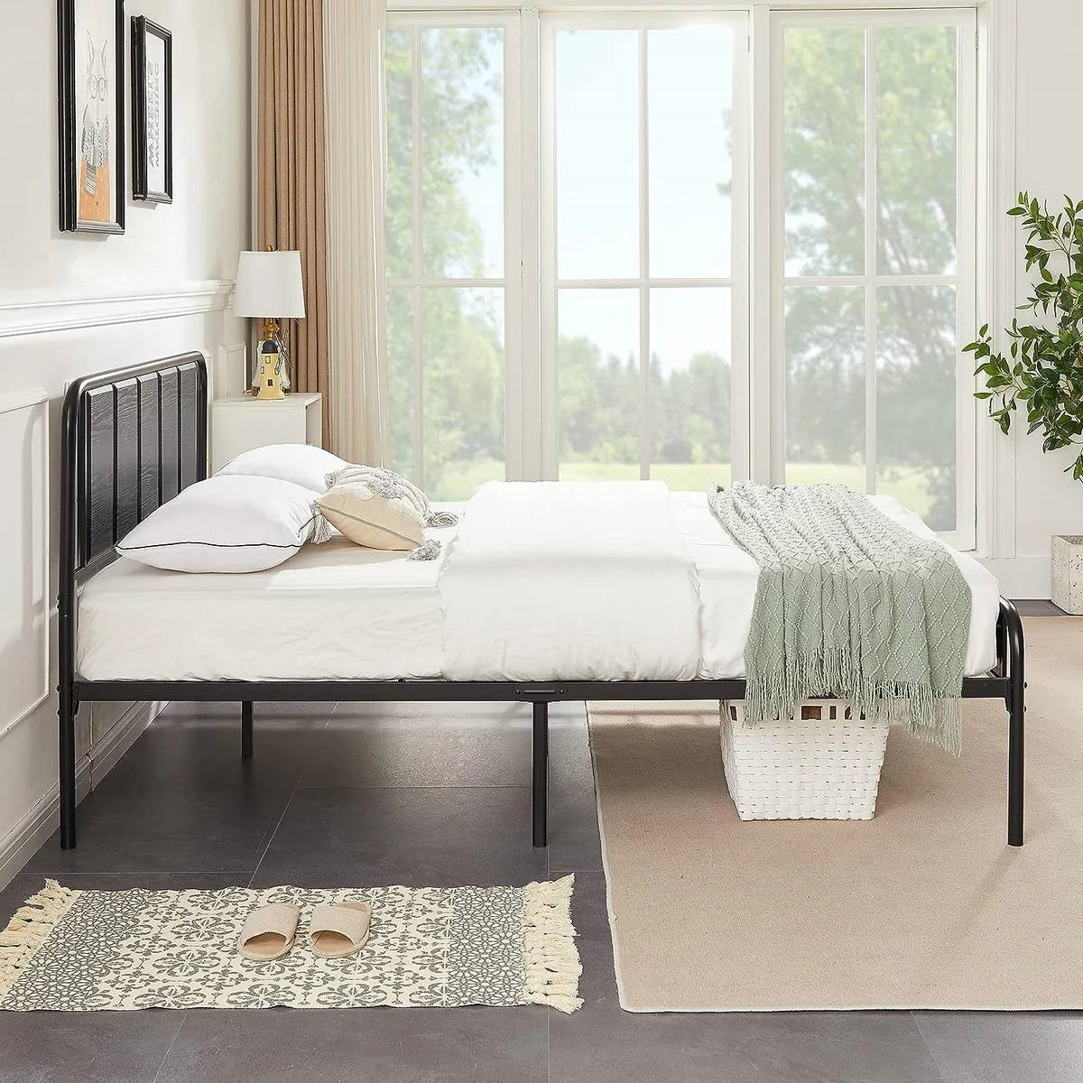 Queen size Black Wood Metal Platform Bed Frame with Rounded Headboard Footboard-3