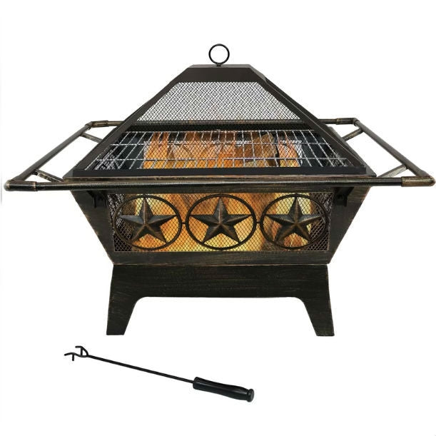 Square Outdoor Steel Wood Burning Fire Pit with Star Design-0