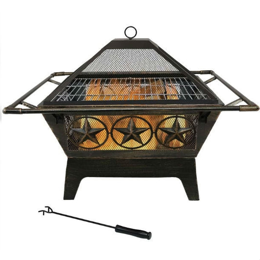 Square Outdoor Steel Wood Burning Fire Pit with Star Design-0
