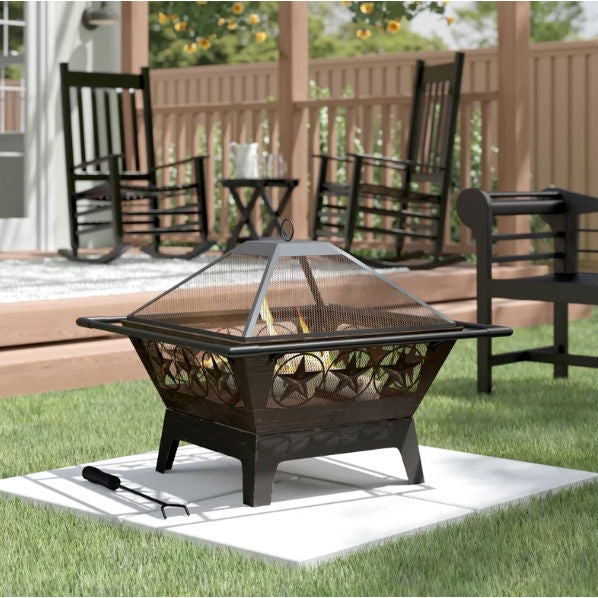 Square Outdoor Steel Wood Burning Fire Pit with Star Design-1