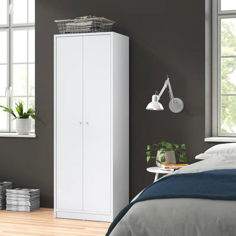 Modern White 2-Door Wardrobe Armoire Cabinet with Clothes Hanging Rod-0